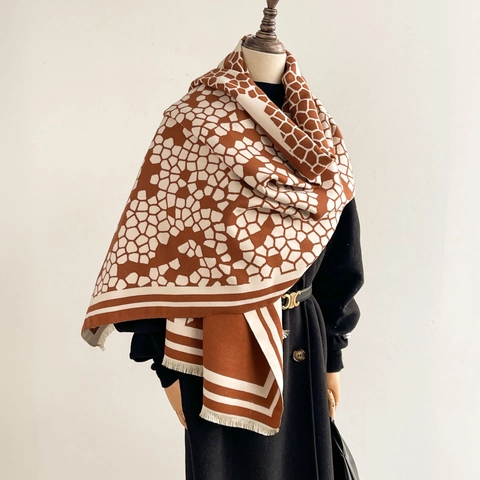 Women Geometric Mosaic Pattern Imitation Cashmere Scarf Thick Warm Winter Shawl With Tassels Fashion Large Wrap For Women