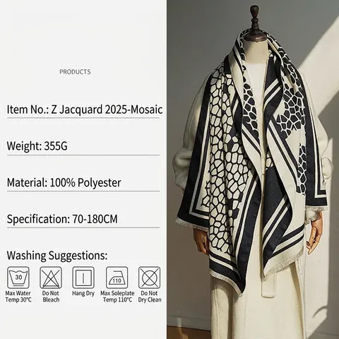 Women Geometric Mosaic Pattern Imitation Cashmere Scarf Thick Warm Winter Shawl With Tassels Fashion Large Wrap For Women