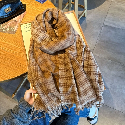Retro Plaid Scarf Imitation Cashmere Thick Warm Winter Long Scarf With Tassels For Men Women Versatile Couple Wrap
