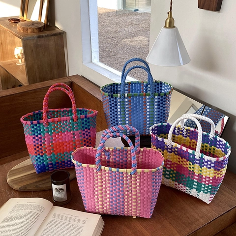 Handmade Woven Handbag PVC Plastic Patchwork Color Summer Beach Basket Tote Daily Shopping Fashionable For Women