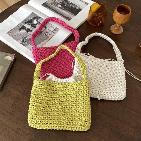 Handgefertigte Gewebte Baumwollseil Handtasche Gehäkelte Umhängetasche Mit Kordelzug Innentasche Sommer Strand Casual Für Frauen