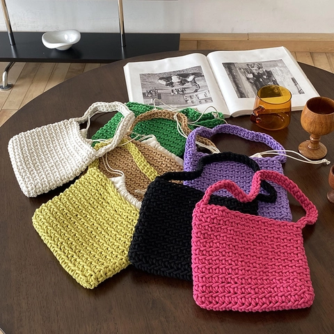 Handgefertigte Gewebte Baumwollseil Handtasche Gehäkelte Umhängetasche Mit Kordelzug Innentasche Sommer Strand Casual Für Frauen
