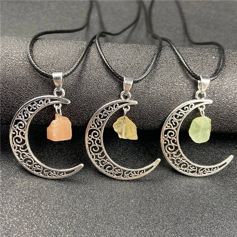 Crescent Moon Pendant Hollow Alloy Natural Rough Stone Amethyst Citrine Crystal Retro Bohemian Style Jewelry Women
