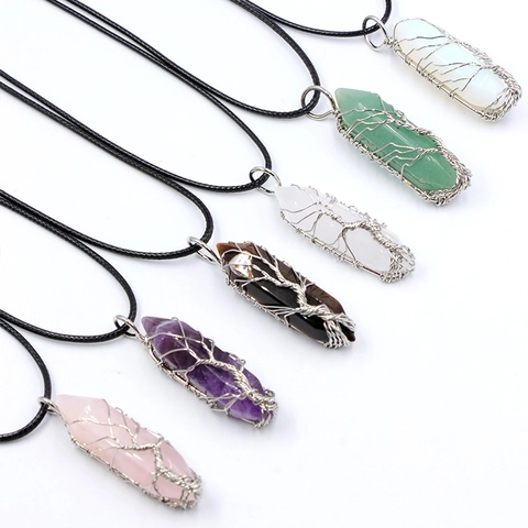 Hexagonal Crystal Bullet Wire Wrapped Tree of Life Pendant Necklace Vintage Natural Stone Amethyst Rose Quartz Healing Jewelry For Women