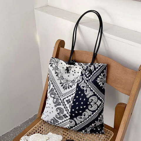 Women Paisley Print Canvas Tote Bag Retro Bandana Pattern Large Capacity Cotton Shoulder Handbag Casual Shopping Bag