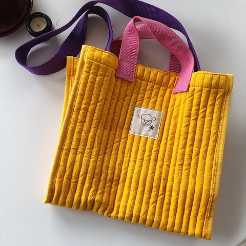 Quilted Cotton Tote Bag Large Capacity Contrast Color Straps Cartoon Sheep Patch Casual Shoulder Handbag For Women