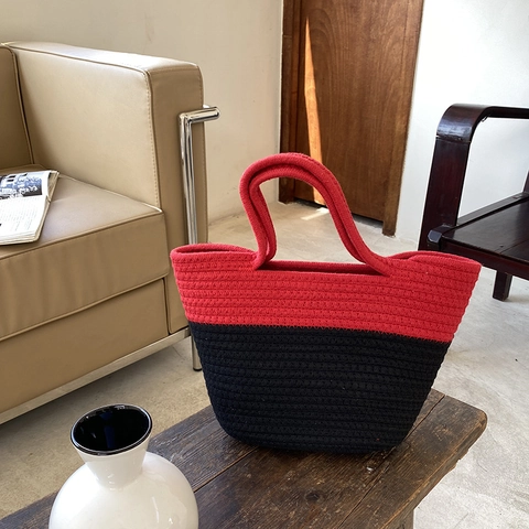 Women's Handmade Woven Cotton Rope Tote Bag Polyester Color Block Handbag For Beach Travel Shopping Casual Daily Bag