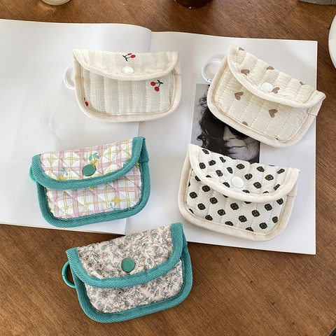 Quilted Cotton Mini Coin Purse Floral Plaid Heart Cherry Pattern Earphone Storage Bag Small Wallet With Hook For Women Daily