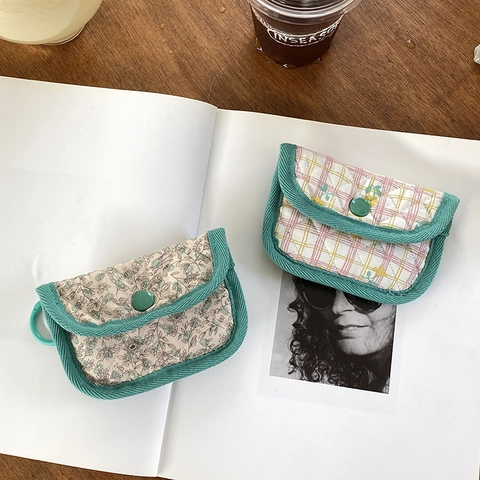 Quilted Cotton Mini Coin Purse Floral Plaid Heart Cherry Pattern Earphone Storage Bag Small Wallet With Hook For Women Daily