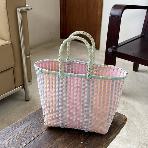 Handmade Woven Handbag PVC Plastic Patchwork Color Summer Beach Basket Tote Daily Shopping Fashionable For Women