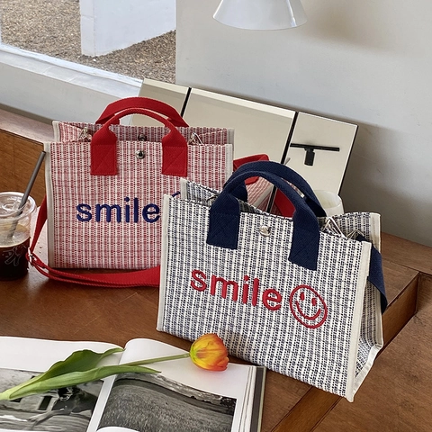 Damen Wasserdichte Canvas Tote Tasche Gestreiftes Muster Lächeln Stickerei Lässige Handtasche Umhängetasche Mit Gurt