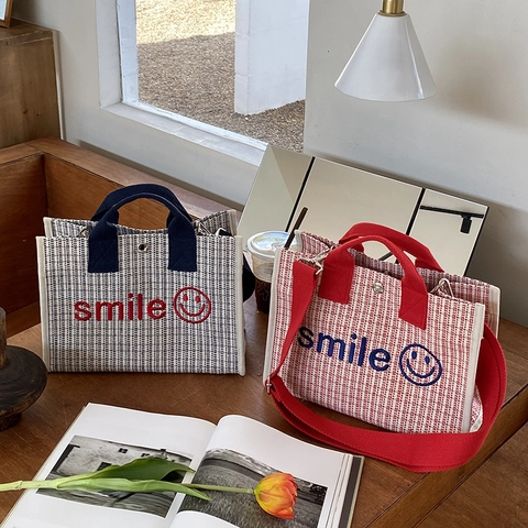 Damen Wasserdichte Canvas Tote Tasche Gestreiftes Muster Lächeln Stickerei Lässige Handtasche Umhängetasche Mit Gurt