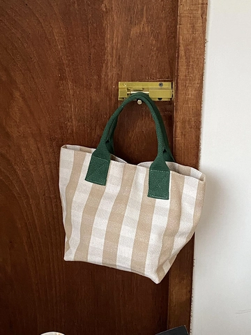 Canvas Tote Bag Gestreifte Vintage Einfache Handtasche Mit Grünen Griffen Magnetverschluss Für Damen Freizeit