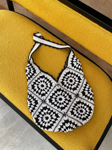 Handgefertigte Häkel-Schultertasche Baumwolle Granny Square Schwarz Weiß Kontrast Große Kapazität Boho Vintage Für Damen
