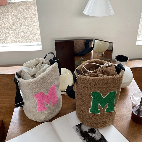 Plush Bucket Bag Women Lamb Wool Texture Drawstring Letter M Embroidery Adjustable Shoulder Strap Casual Crossbody