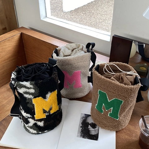 Plush Bucket Bag Women Lamb Wool Texture Drawstring Letter M Embroidery Adjustable Shoulder Strap Casual Crossbody