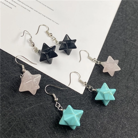 Merkaba Star Gemstone Dangle Earrings For Women Natural Stone Hexagram Crystal Healing Energy Geometric Jewelry Gifts