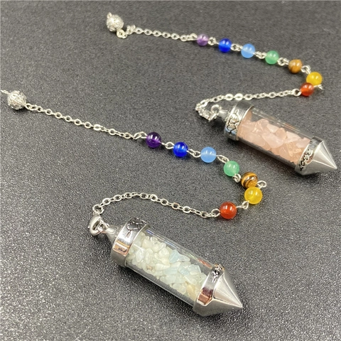 Natural Crystal Gravel Pendulum Necklace With 7 Chakra Beads Love Heart Engraved Healing Stone Meditation Jewelry