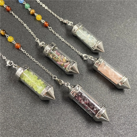 Natural Crystal Gravel Pendulum Necklace With 7 Chakra Beads Love Heart Engraved Healing Stone Meditation Jewelry