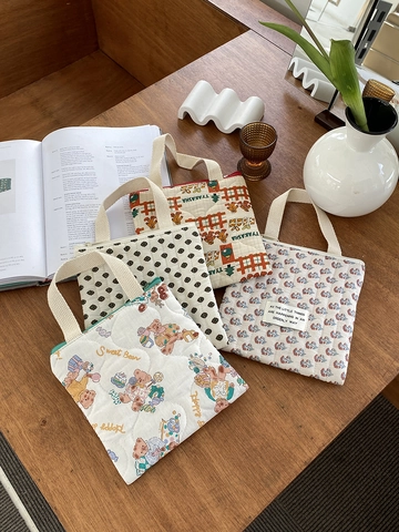 Mini Bolso De Mano Acolchado De Algodón Estampado Floral Dibujos Animados Bolsa De Almacenamiento Con Cremallera Portátil Para Mujer