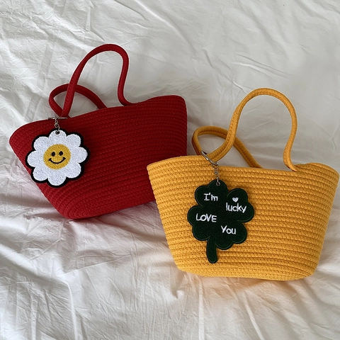Bolso de Mano Tejido de Cuerda de Algodón Hecho a Mano Gran Capacidad Bolso de Cesta de Paja de Playa Casual Verano Mujer