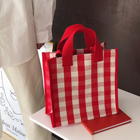 Damen Wasserdichte Canvas Tragetasche Karo Muster Handtasche Mit Griffen Und Schultergurt Vielseitiges Alltags Accessoire