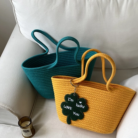 Bolso de Mano Tejido de Cuerda de Algodón Hecho a Mano Gran Capacidad Bolso de Cesta de Paja de Playa Casual Verano Mujer