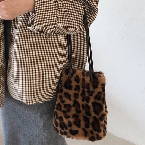 Borsa A Secchiello In Peluche A Scacchi Leopardata Ecopelliccia Coulisse Tracolla Morbida Calda Autunno Inverno Donna