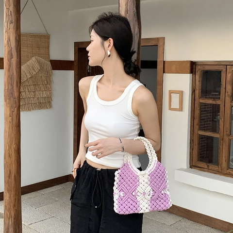 Women Hand-Woven Crochet Handbag Macrame Boho Geometric Pattern Hollow Out Cotton Cord Tote Bag With Drawstring Inner Pouch
