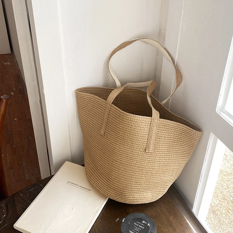 Gewebte Handtasche Stroh Stil Eimer Tote Große Kapazität Sommer Strand Minimalistische Lässige Tasche Für Frauen