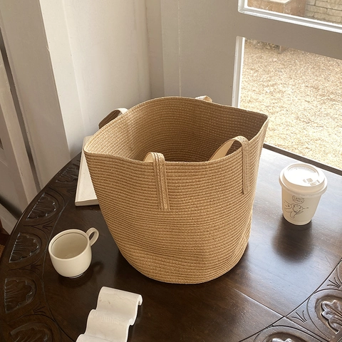 Gewebte Handtasche Stroh Stil Eimer Tote Große Kapazität Sommer Strand Minimalistische Lässige Tasche Für Frauen