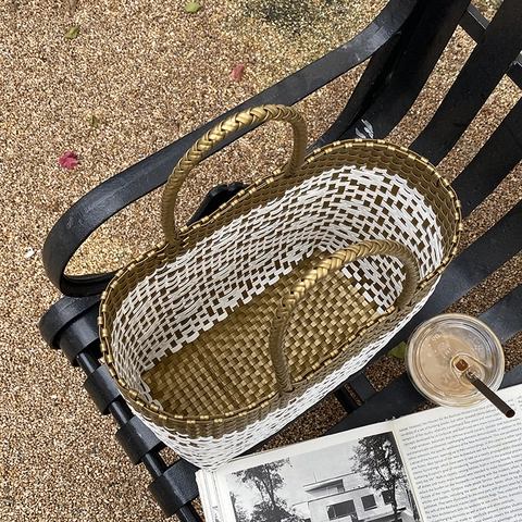 Gewebte Einkaufstasche PVC Geometrisches Muster Große Kapazität Strandurlaub Urlaub Korb Handtasche Damen Stilvoll