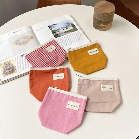 Minimalist Canvas Cosmetic Bag Portable Toiletry Pouch Solid Gingham Small Square Makeup Case Coin Purse Zipper Storage Bag Women Traveler