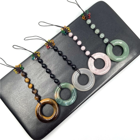 Natural Stone Donut Shape Pendant Keychain Handmade Woven Bag Charm Rose Quartz Tiger Eye Agate Car Hanging Decoration