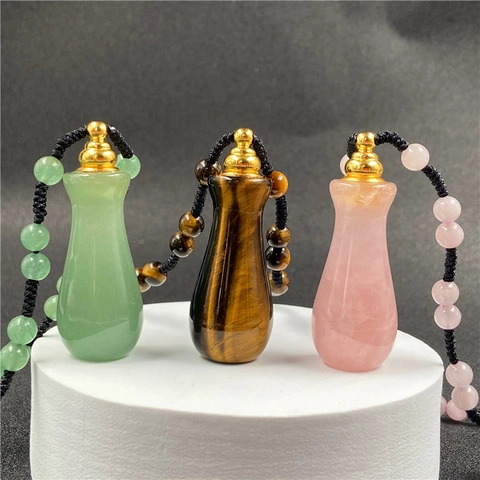 Natural Crystal Gemstone Perfume Bottle Necklace Essential Oil Diffuser Pendant Woven Rope Ethnic Healing Jewelry