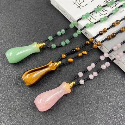 Natural Crystal Gemstone Perfume Bottle Necklace Essential Oil Diffuser Pendant Woven Rope Ethnic Healing Jewelry