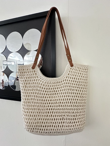 Damen Gewebte Tragetasche Baumwolle Strick Hohl Sommer Urlaub Schultertasche Mit PU Ledergriff