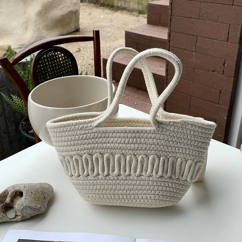 Borsa A Mano Intrecciata In Corda Di Cotone Fatta A Mano Texture A Onde Svuotata Borsa Da Spiaggia Estiva Per Donna Bianco Crema
