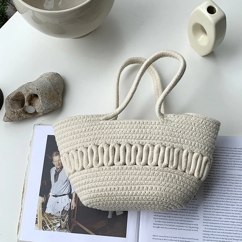 Borsa A Mano Intrecciata In Corda Di Cotone Fatta A Mano Texture A Onde Svuotata Borsa Da Spiaggia Estiva Per Donna Bianco Crema