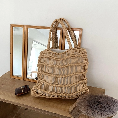 Handgefertigte Baumwollseil Gewebte Tote Bag Französisch Bohemian Sommer Strand Handtasche Mit Innentasche