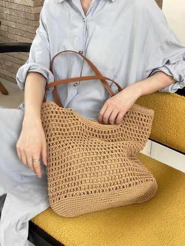 Damen Gewebte Tragetasche Baumwolle Strick Hohl Sommer Urlaub Schultertasche Mit PU Ledergriff