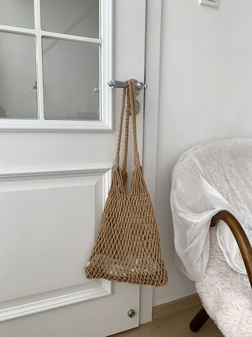 Hand Woven Macrame Shoulder Bag Cotton Rope Hollow Out Mesh Tote Beach Vacation Bohemian Casual Style With Drawstring Lining