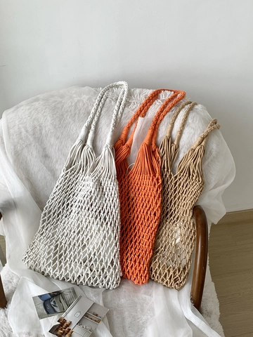 Hand Woven Macrame Shoulder Bag Cotton Rope Hollow Out Mesh Tote Beach Vacation Bohemian Casual Style With Drawstring Lining