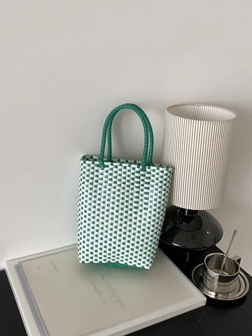 Summer PVC Hand Woven Bag Contrast Color Checkerboard Tote Bag Beach Vacation Handmade Basket Women Handbag Casual Style