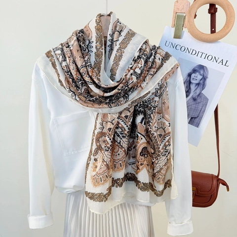 Women Vintage Paisley Printed Scarf Ethnic Style Soft Polyester Shawl Large Wrap For Travel Fashion Elegant Accessory