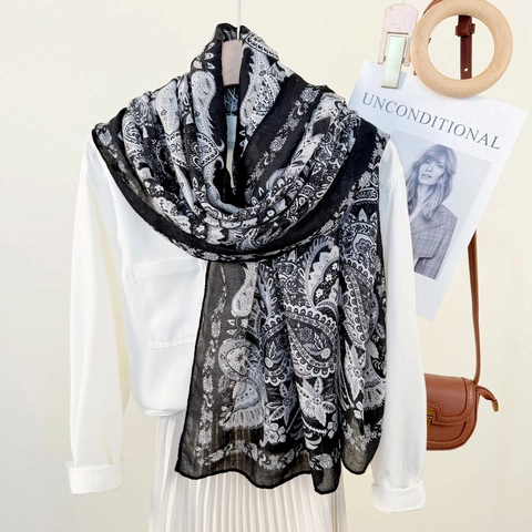 Women Vintage Paisley Printed Scarf Ethnic Style Soft Polyester Shawl Large Wrap For Travel Fashion Elegant Accessory