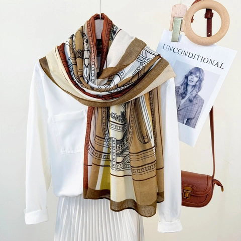 Écharpe Longue Imprimée de Luxe de Style Européen pour Femmes Polyester Léger Motif Équestre Châle de Mode pour Fête Quotidienne