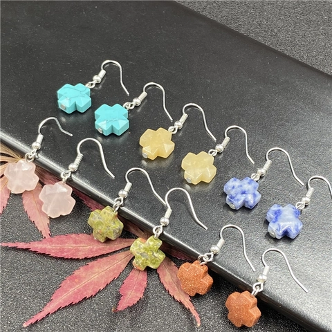 Natural Stone Crystal Agate Cross Drop Earrings Bohemian Ethnic Style Obsidian Cross Dangle Earrings For Women Jewelry Gift