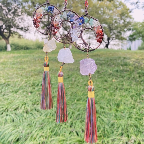 Ornamento da Appendere per Auto Albero della Vita in Cristallo Naturale Pietre Chakra Avvolte in Filo di Rame Nappina Pendente per Interni Auto Casa