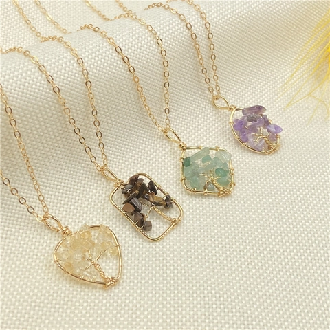 Tree Of Life Pendant Necklace Natural Crystal Gemstone Chips Hand Wrapped Gold Tone Wire Bohemian Heart Shape For Women